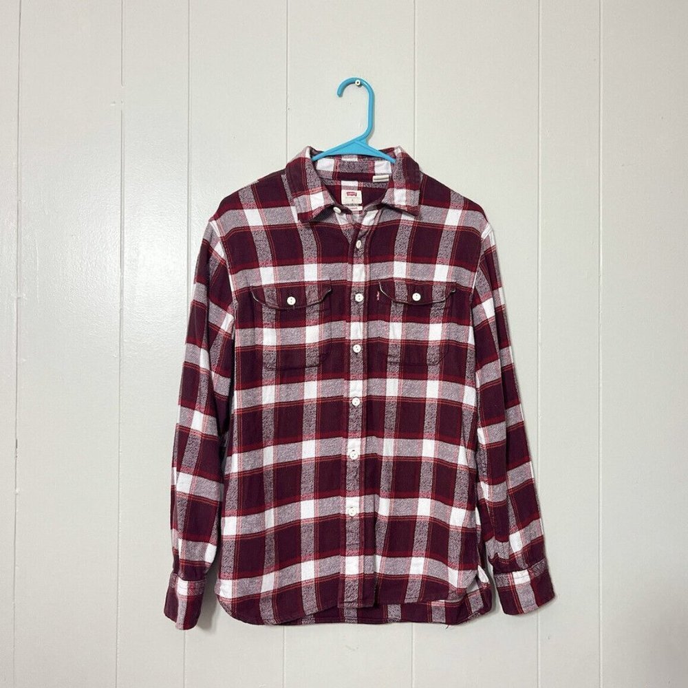 Levi's Mens Flannel Shirt Plaid Red Long Sleeve Outdoor Size S EUC